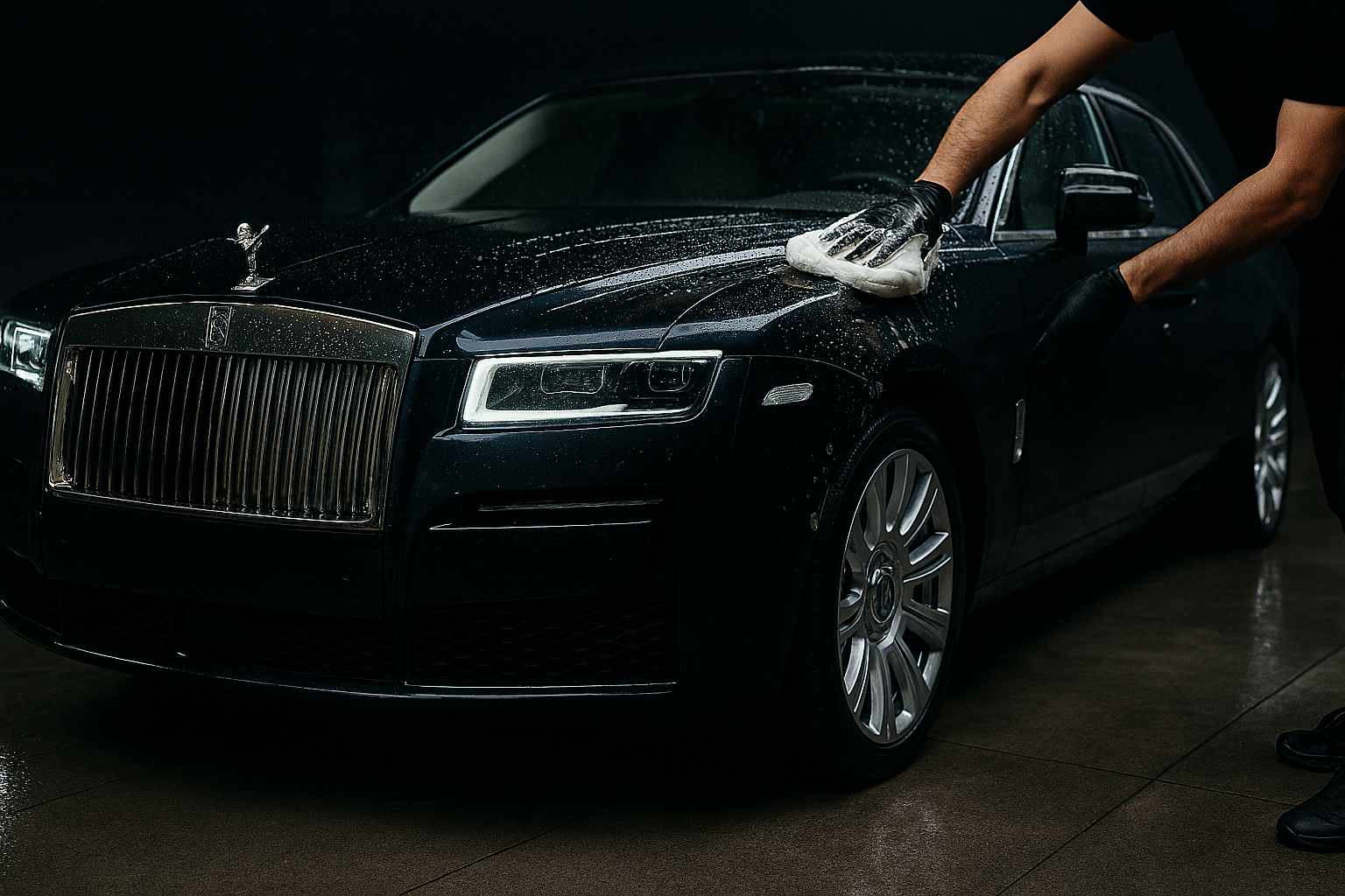 Luksusauto käsinpesussa, tumma pesuhalli ja kiiltävä pinta